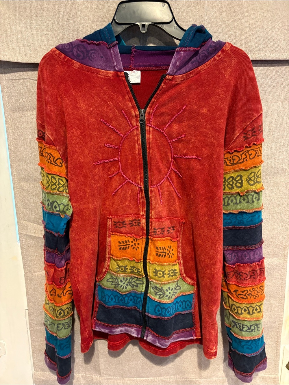Red Multicolor Embroidered Hooded Utility Jacket with Stripe Sleeves